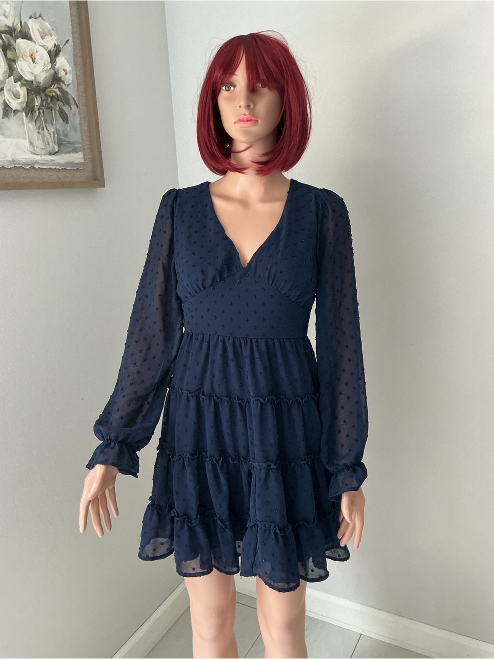 Altar'd State Navy Blue Long-Sleeve Tiered V-Neck Dress
